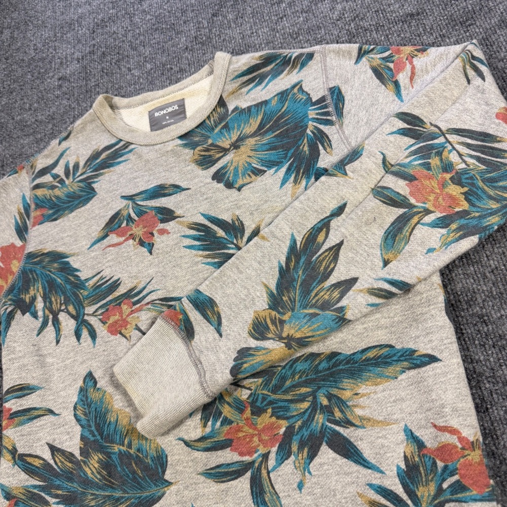 Kitsch Bonobos Mens Floral Tropical Print Crew Neck Sweatshirt Grey Cotton  M